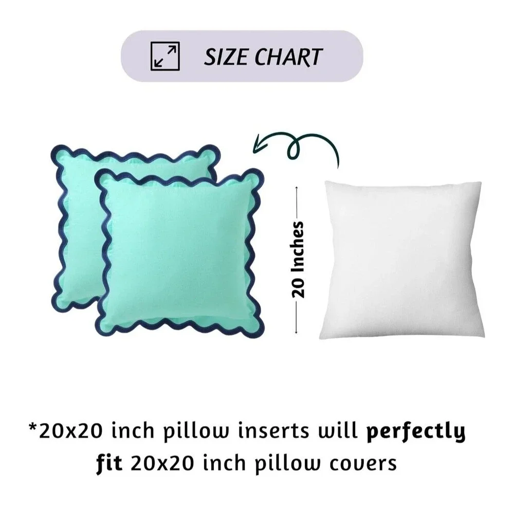 Scalloped Throw Pillow Covers 20 x 20, Set of 2 Cotton Pillow Covers, Icy Mint